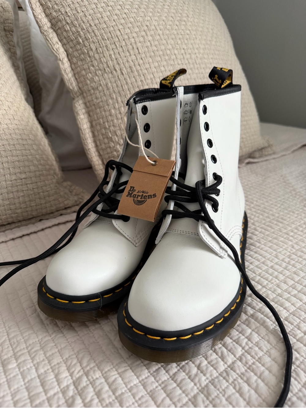 Dr. Martens White Lace-Up Leather Boots with Black Laces